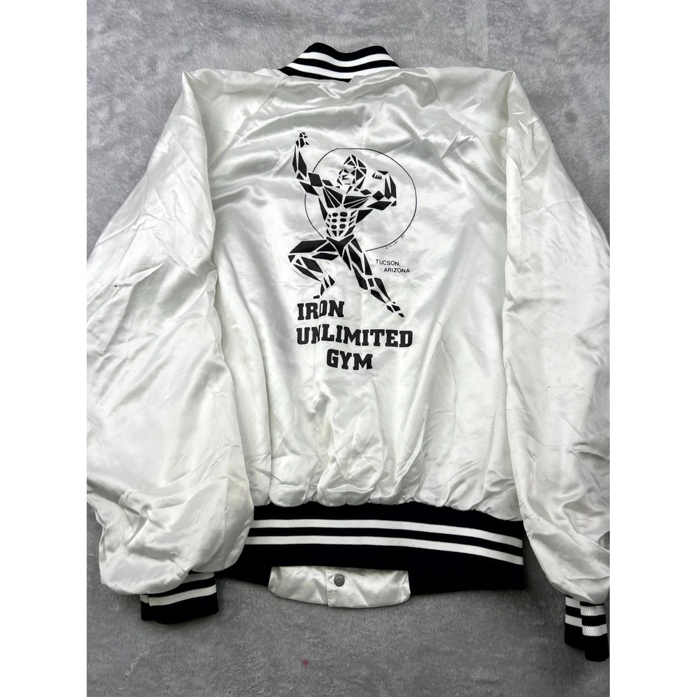 Vintage M Iron Unlimited Gym Satin Jacket Hartwell Mens White Ribbed Snap Front